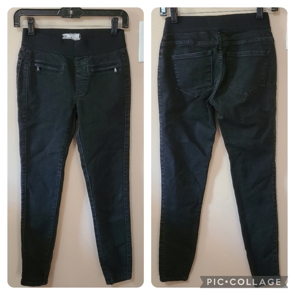 Free People Pull On Elastic Waist Dark Gray Distressed Skinny Jeans